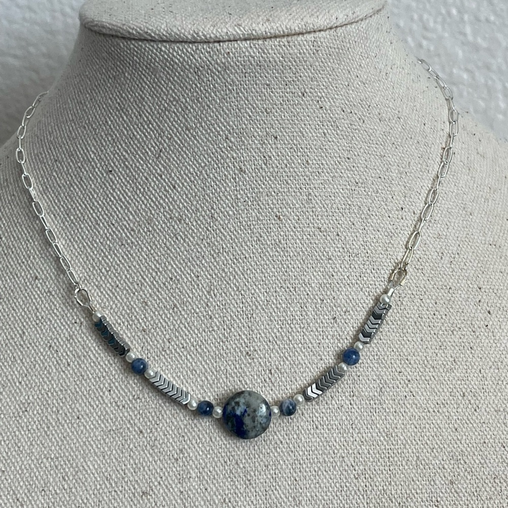 Genuine Lapis, Hematite & Sodalite Necklace w/SSP chain.
